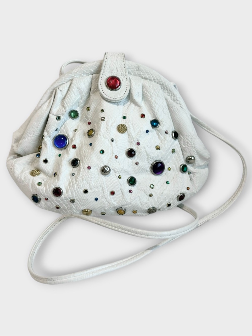 Vintage 80s White Croc Embossed Bag with Gems and Studs